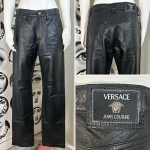 Versace Jeans Couture Vintage 90s Y2k Black 5-Pocket Real Leather Jeans, Sz 4